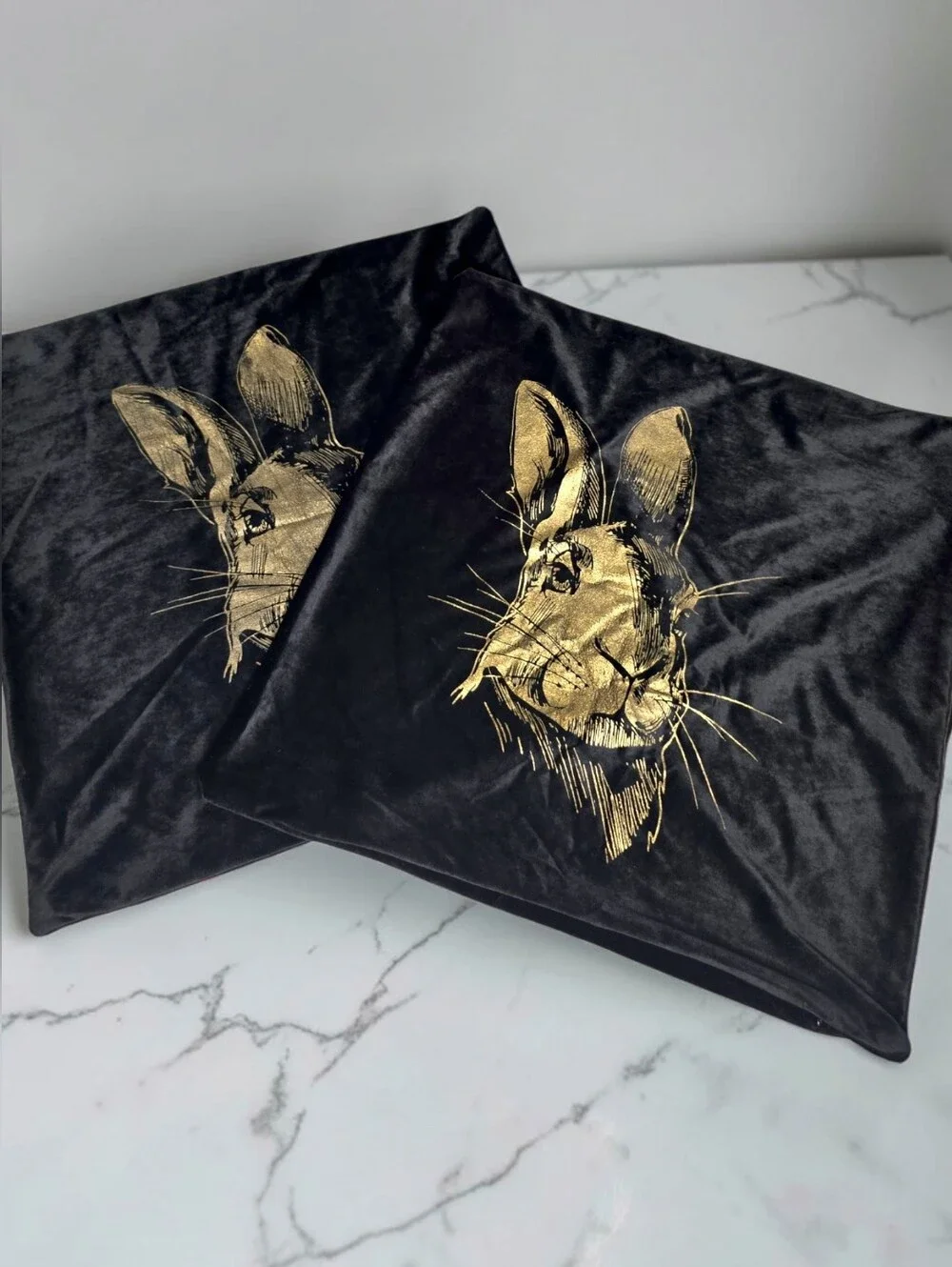 Black & Gold Velvet Rabbit Pillow Covers 18x18 -Set of 2
